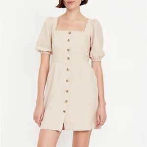 Old Navy Cream Linen Blend Square-Neck Button Front Mini Dress